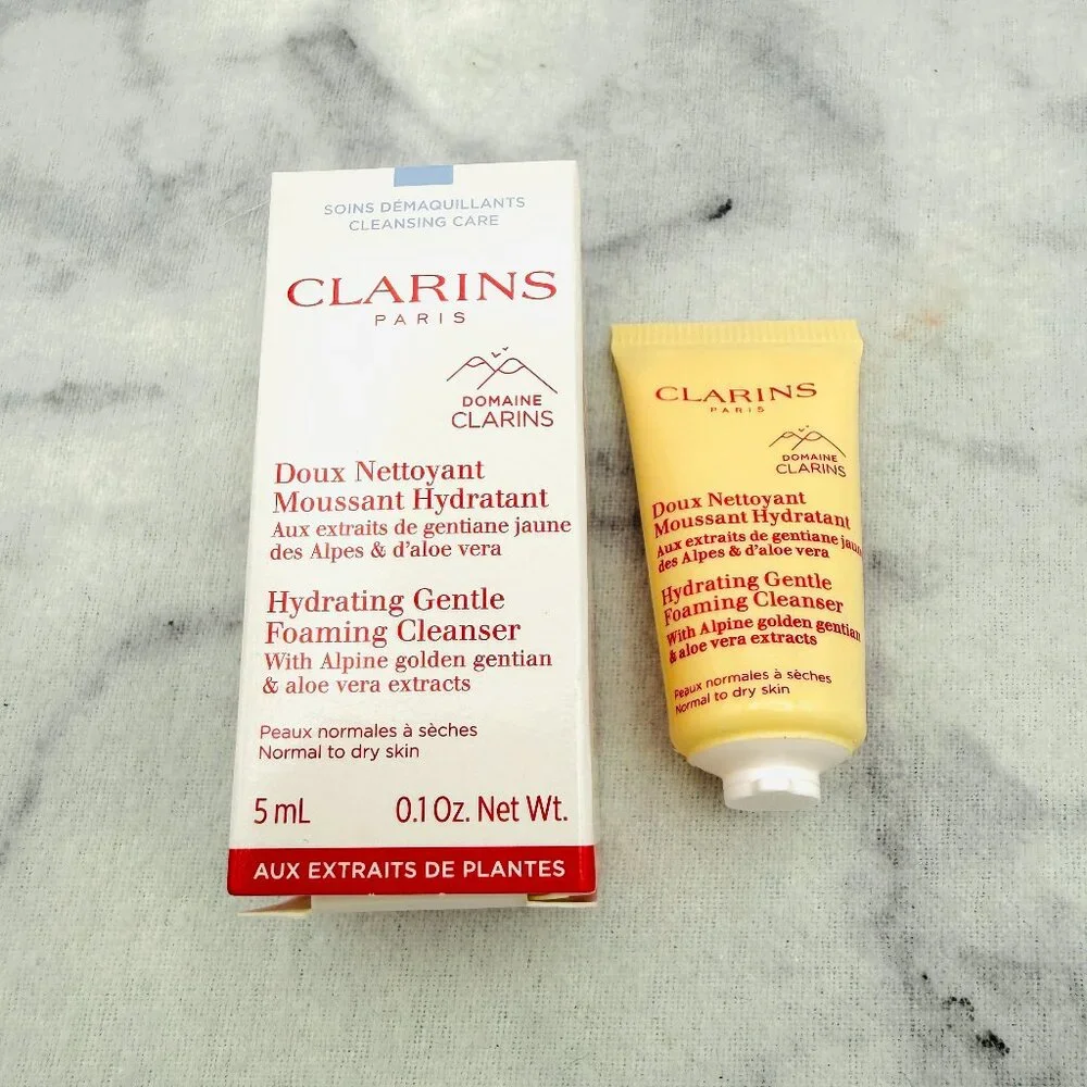 Clarins Beauty Gift Set-Red Pouch,Eye Cream,Face Cream,Cleanser&Mascara-5pc-NEW